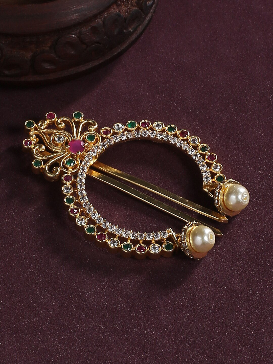 

justpeachy Women Gold Plated Red & Green Stone Studded Traditional Hair Bun Pin