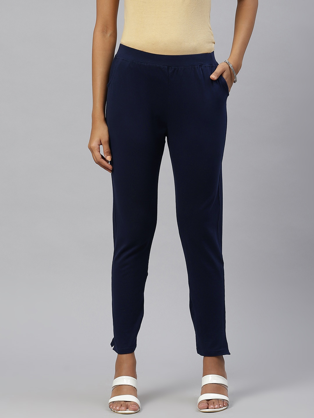 

Rang Gali Women Navy Blue Smart Slim Fit High-Rise Easy Wash Trousers