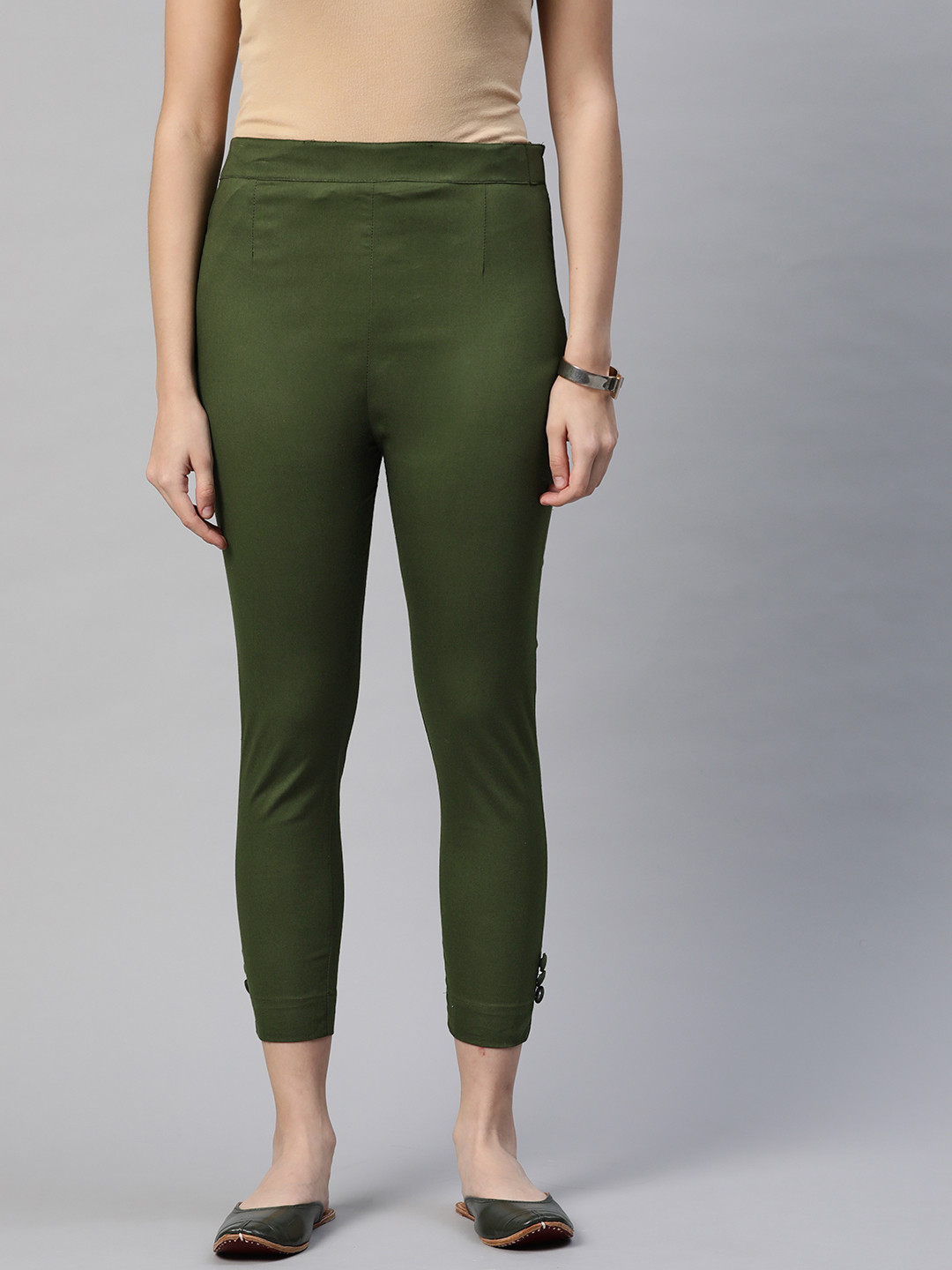 

Rang Gali Women Olive Green Solid Smart Slim Fit High-Rise Easy Wash Trousers
