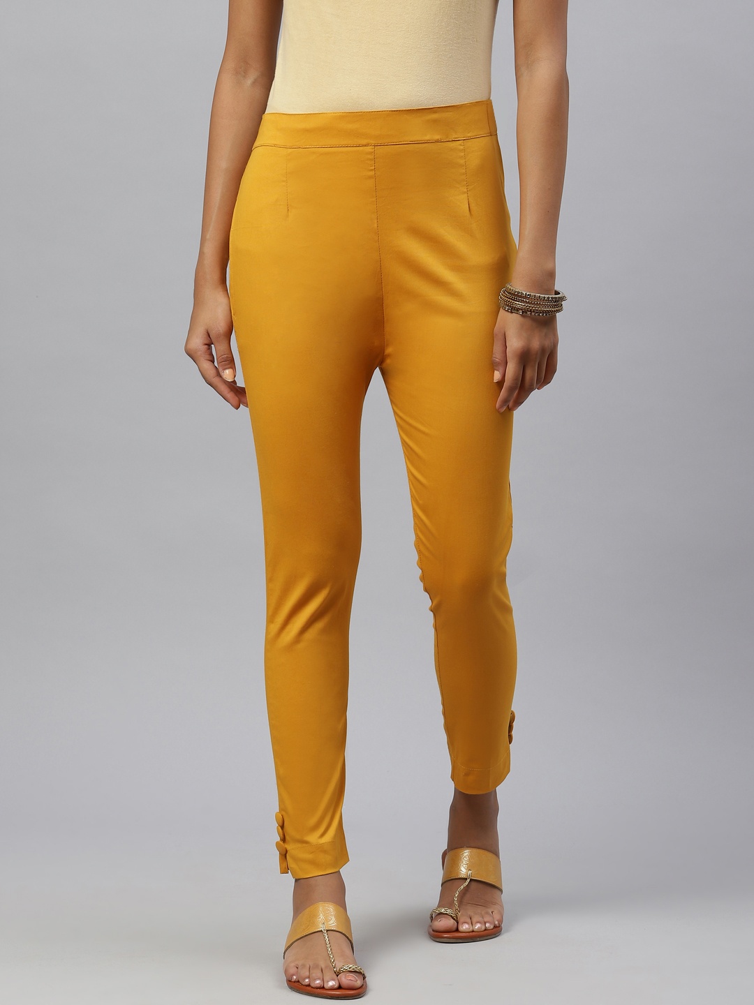 

Rang Gali Women Mustard Yellow Smart Slim Fit High-Rise Easy Wash Trousers