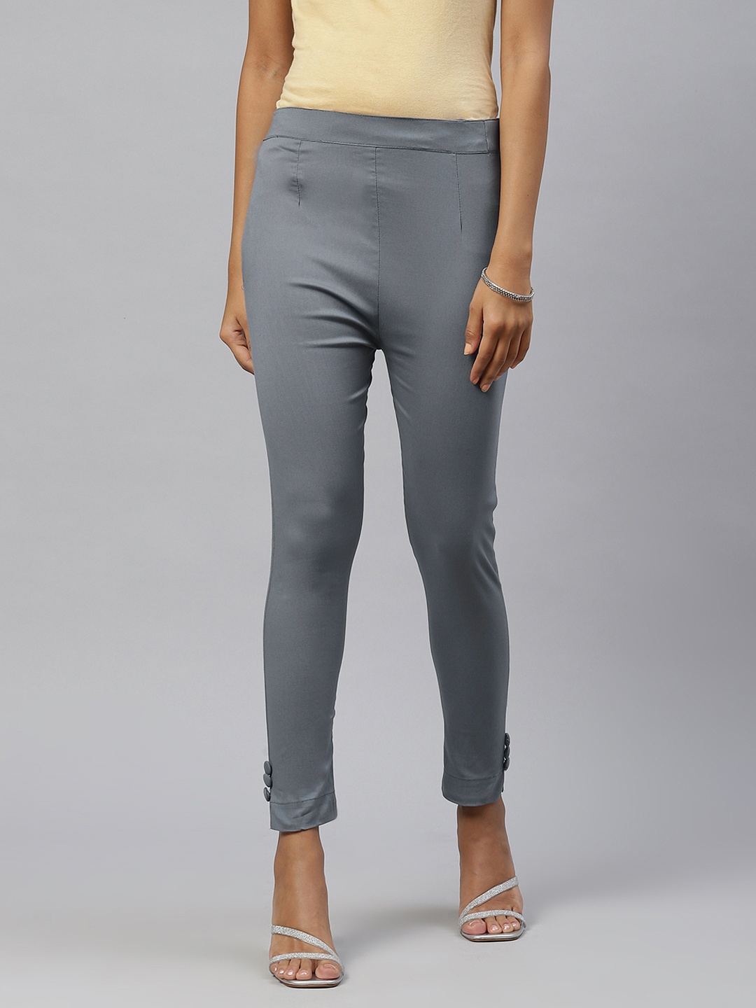 

Rang Gali Women Grey Smart Slim Fit High-Rise Easy Wash Trousers