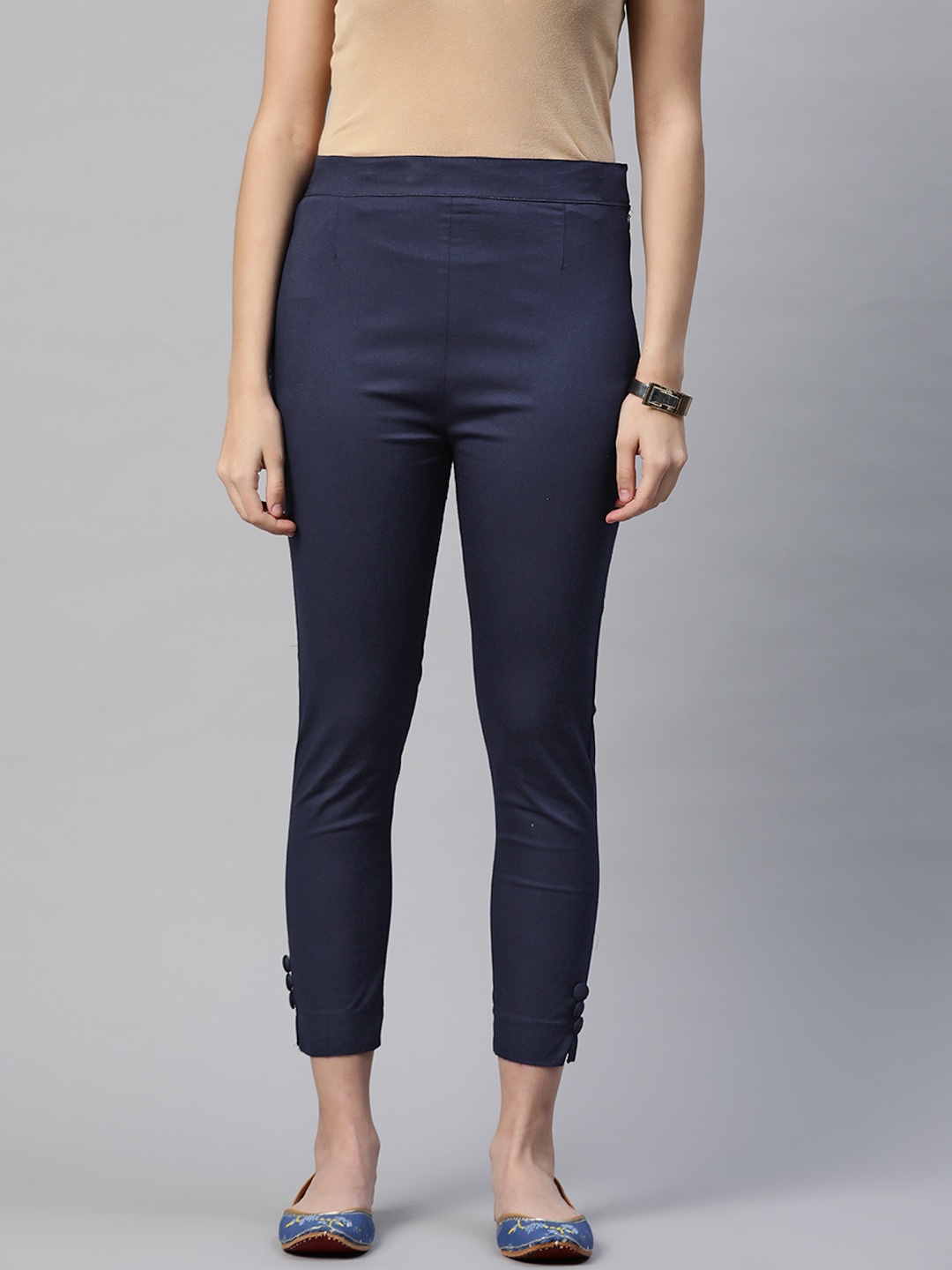

Rang Gali Women Navy Blue Solid Smart Slim Fit High-Rise Easy Wash Trousers