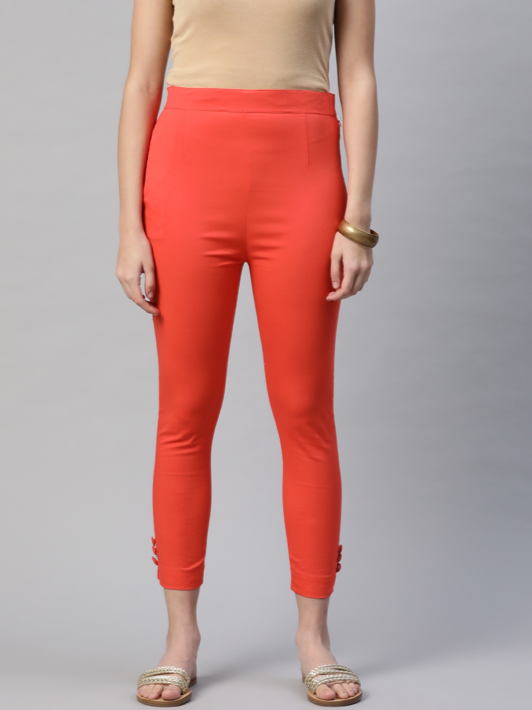 

Rang Gali Women Orange Solid Smart Slim Fit High-Rise Easy Wash Trousers