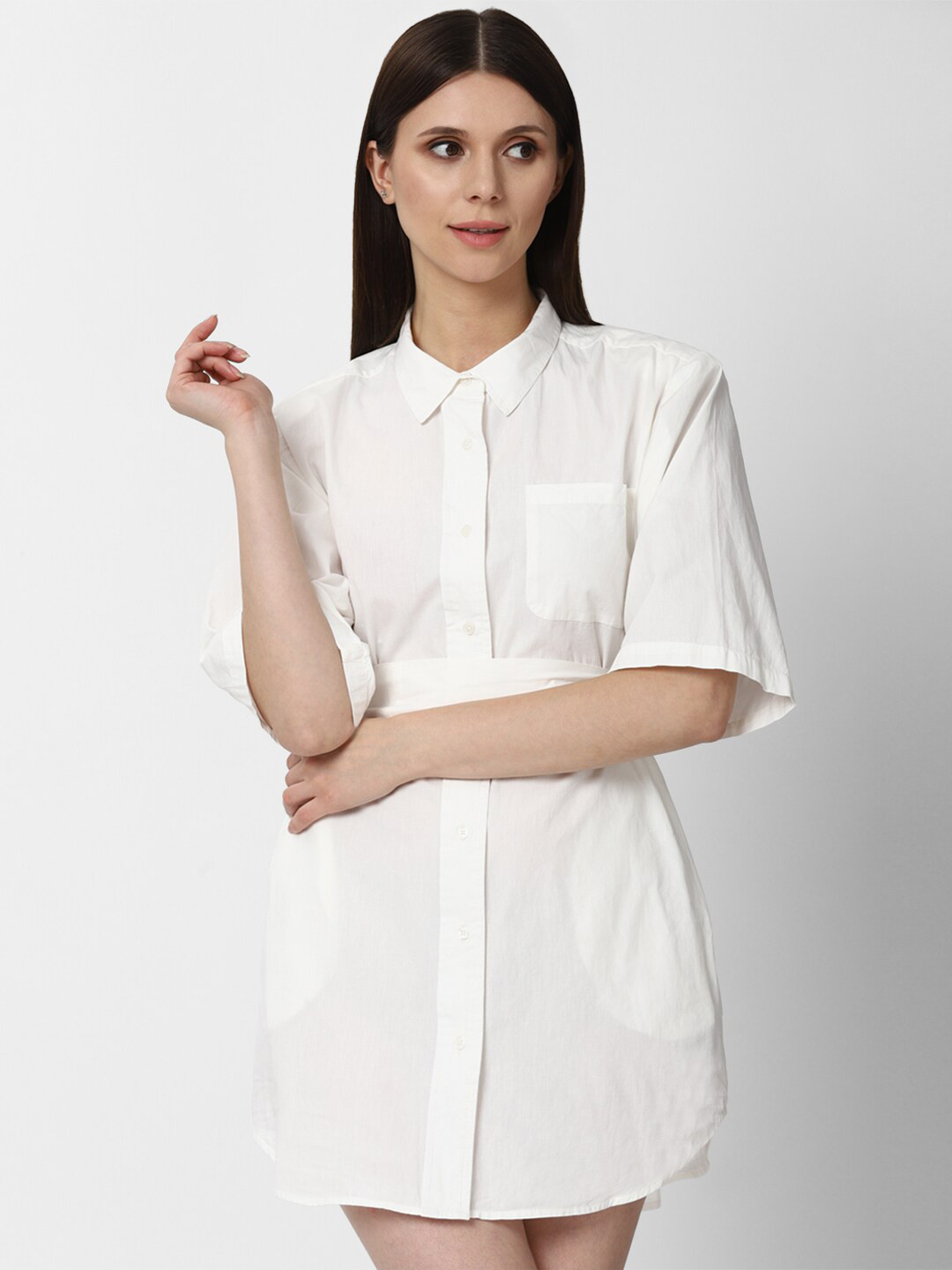 

FOREVER 21 Women White Solid Shirt Dress
