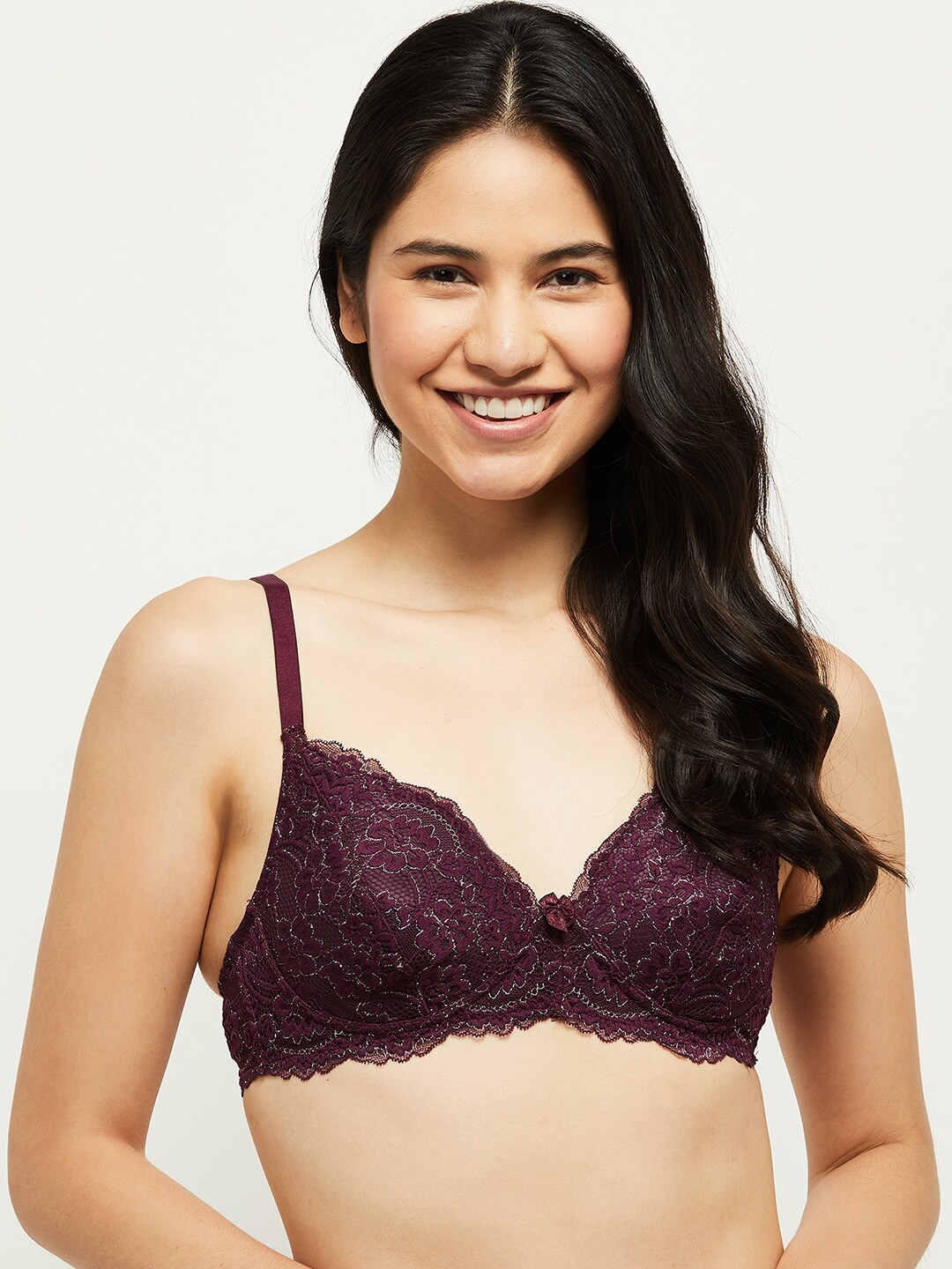 

max Purple & Silver-Toned Floral Bra Lightly Padded