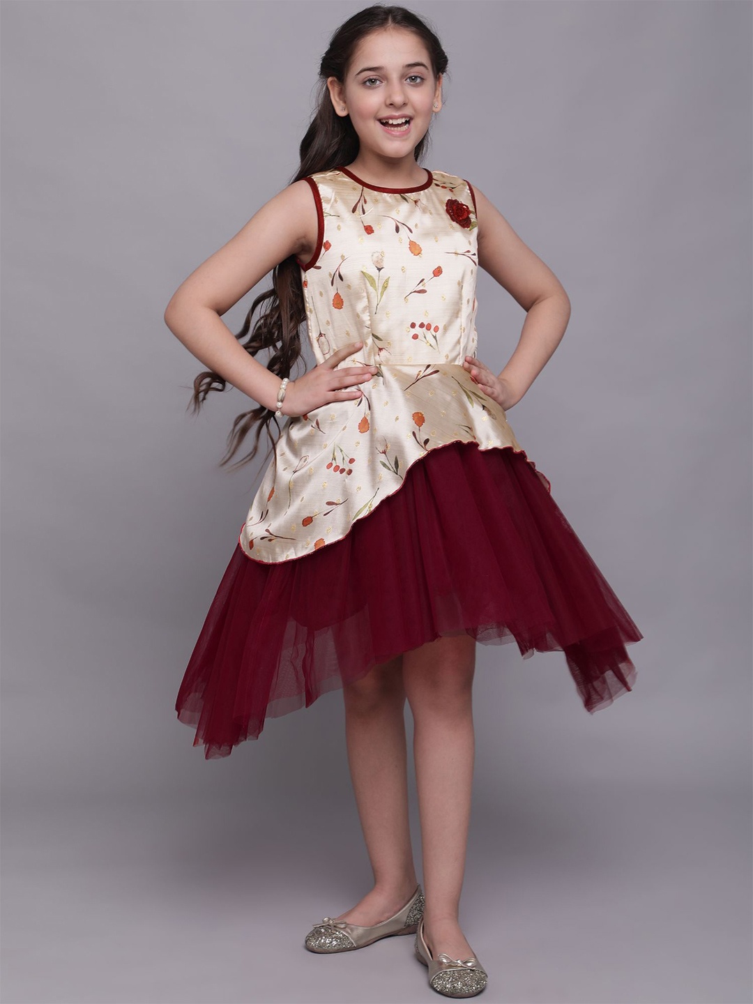 

White World Maroon Floral Net Midi Dress