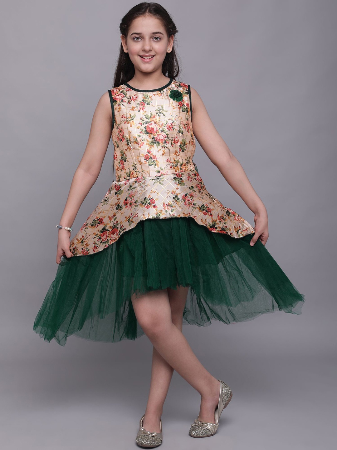 

White World Green Floral Net Drop-Waist Dress