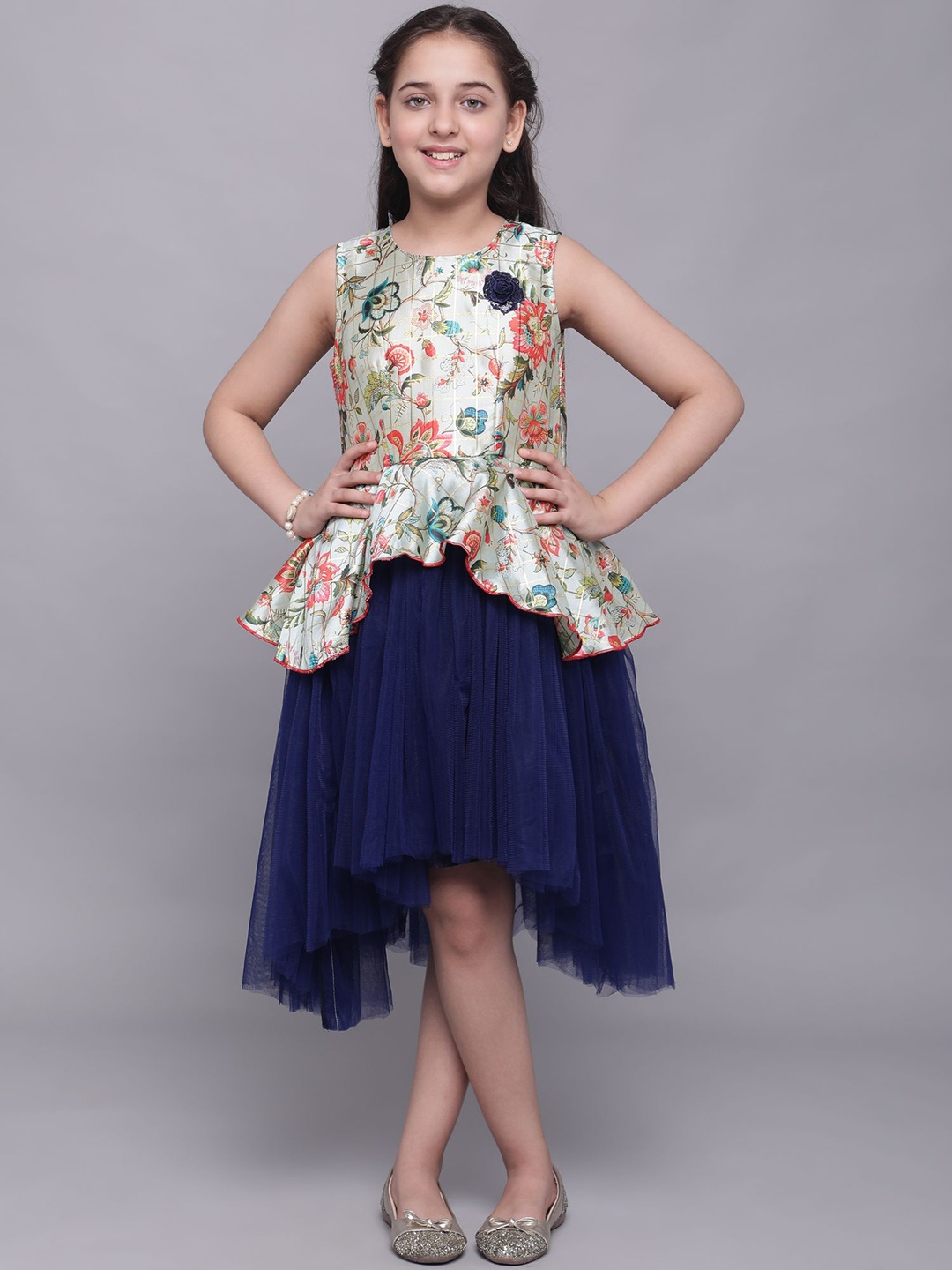 

White World Turquoise Blue Floral Net Midi Dress