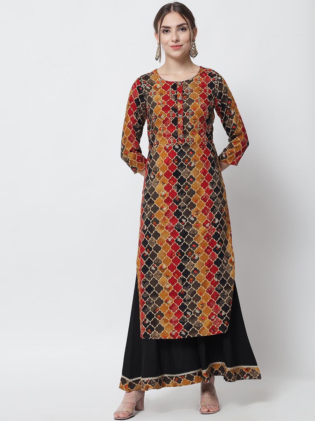 

Spera Women Multicoloured Ethnic Motifs Printed Panelled Sequinned Kurta with Palazzos, Multi