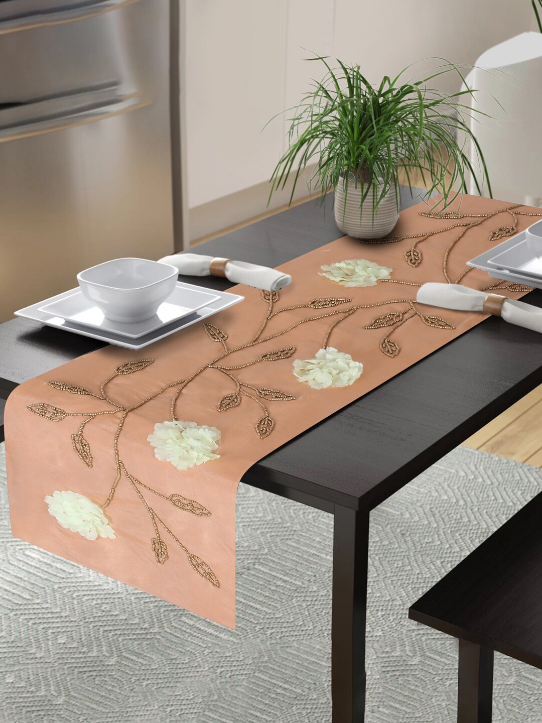 Alina decor Peach-Coloured Embellished 6-Seater Table Runner