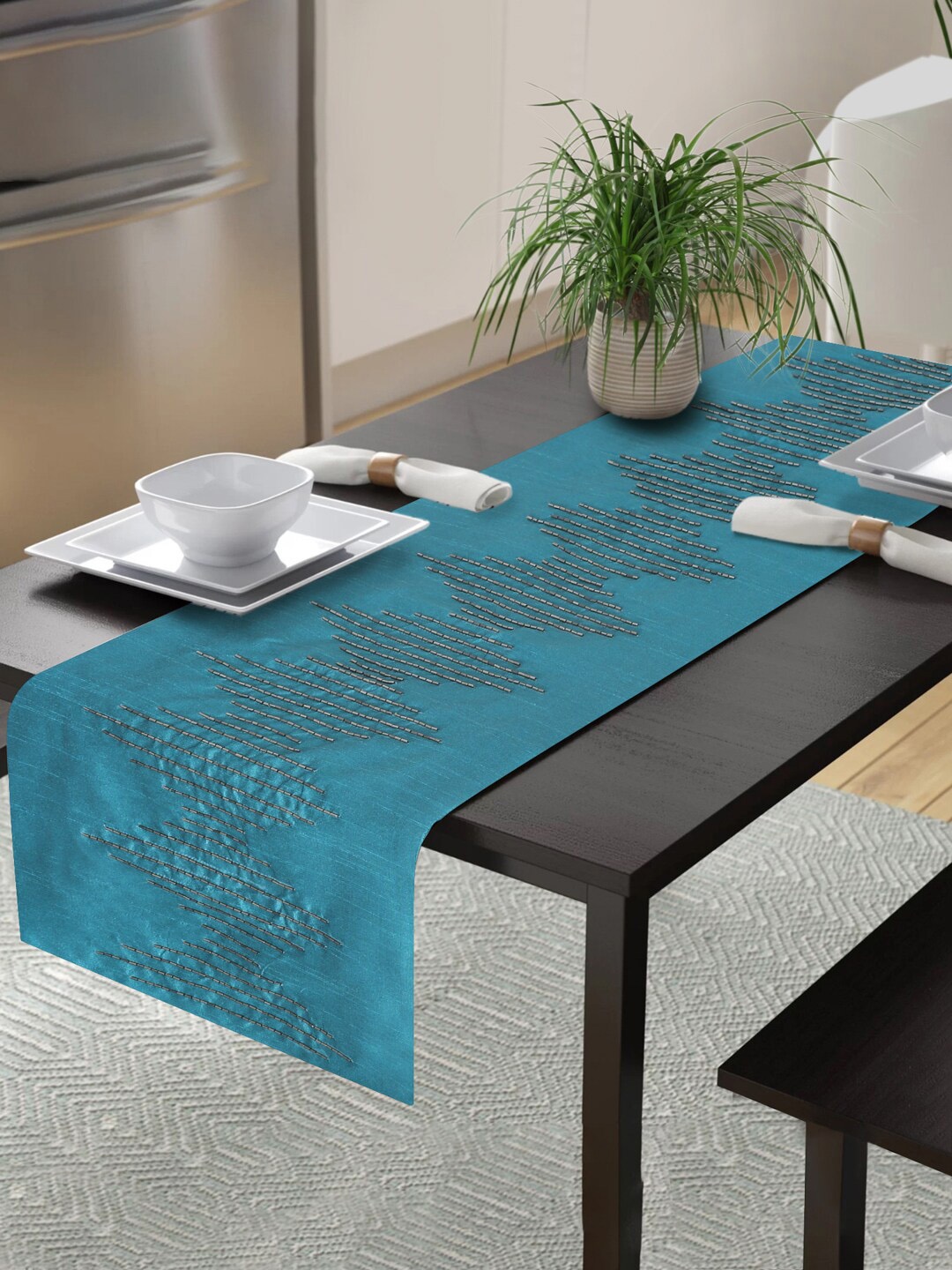 

Alina decor Teal Embroidetred Rectangle 6 Seater Runners