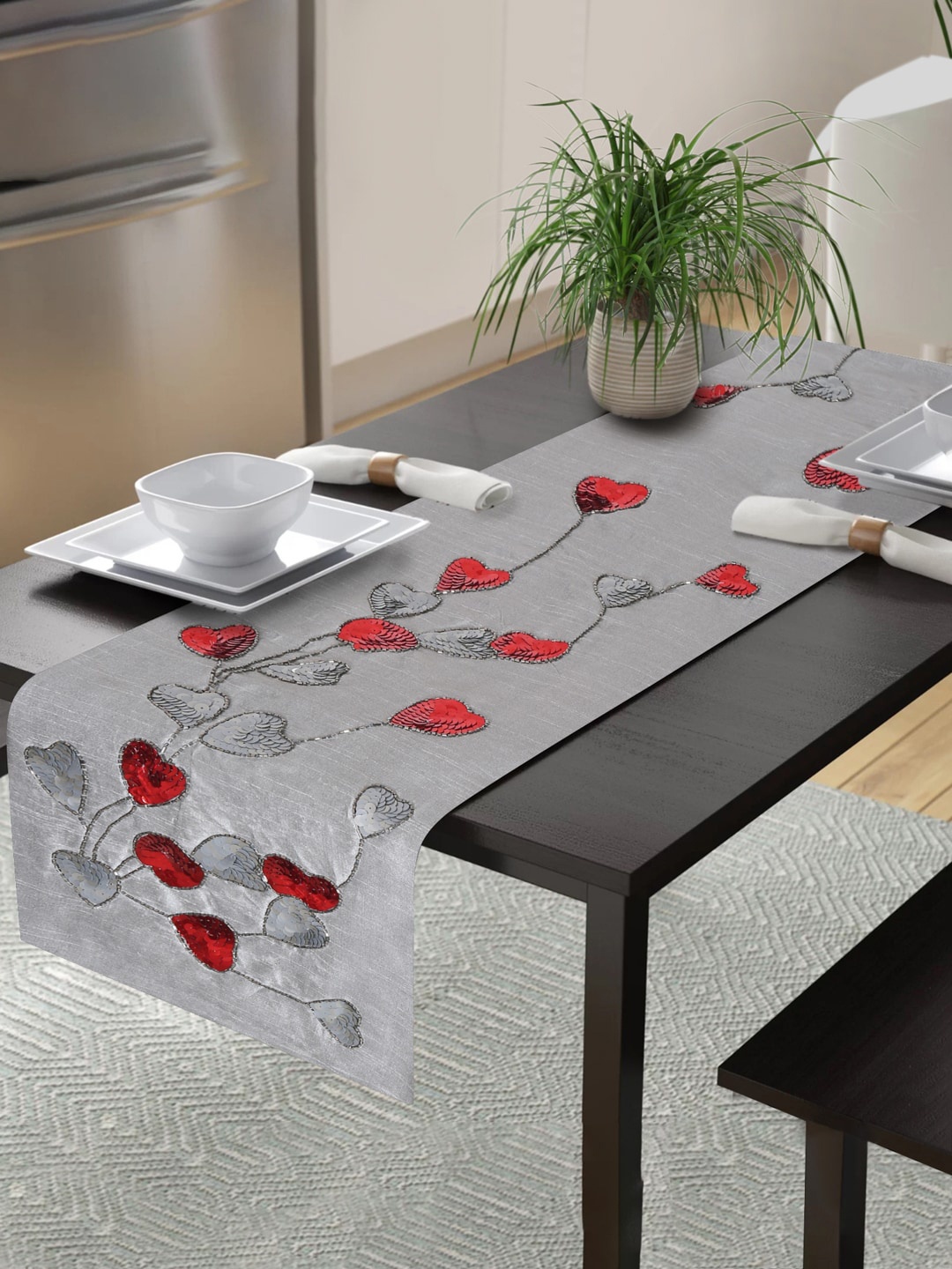 Alina decor Grey & Red Floral Embroidered Table Runner