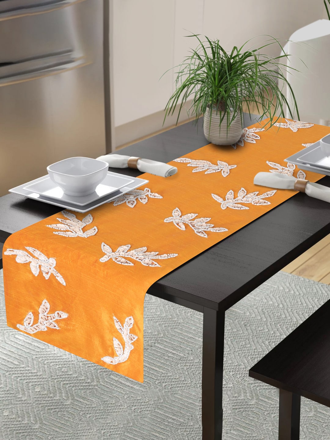 

Alina decor Yellow Embellished 6-Seater Table Runner