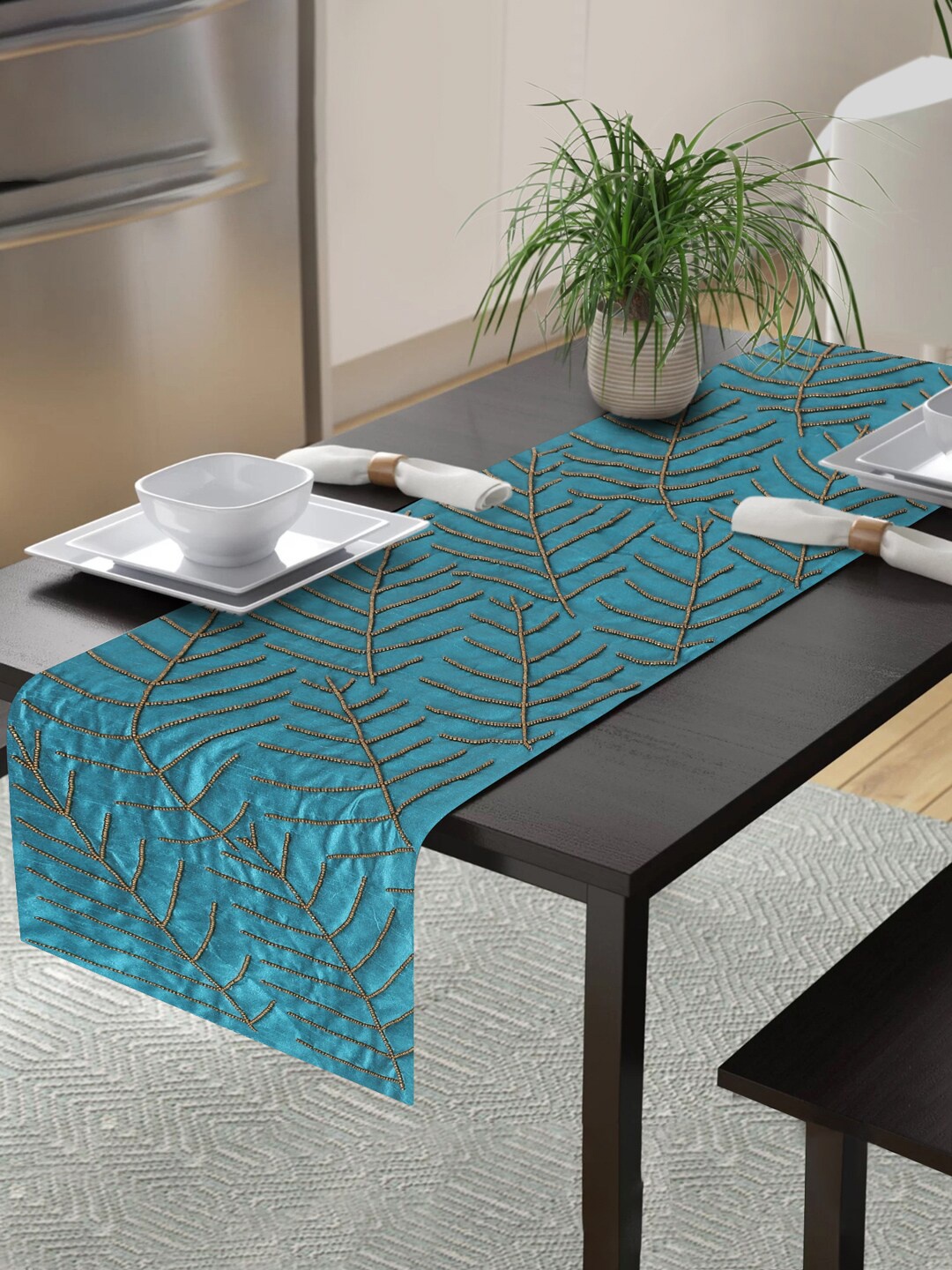 

Alina decor Teal Blue & Brown Embellished 6-Seater Table Runner