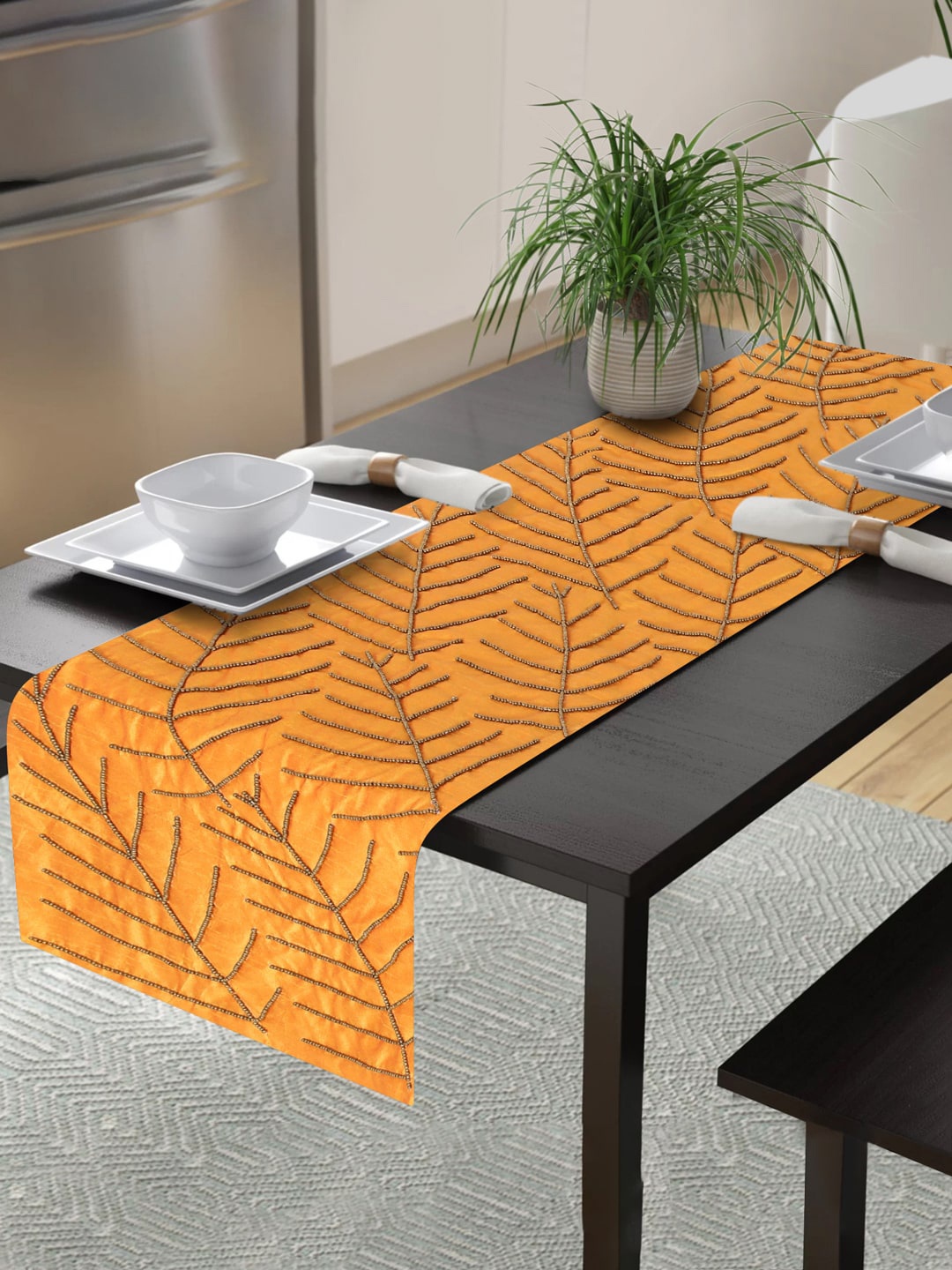 Alina decor Yellow Embroidered 6 Seater Table Runners