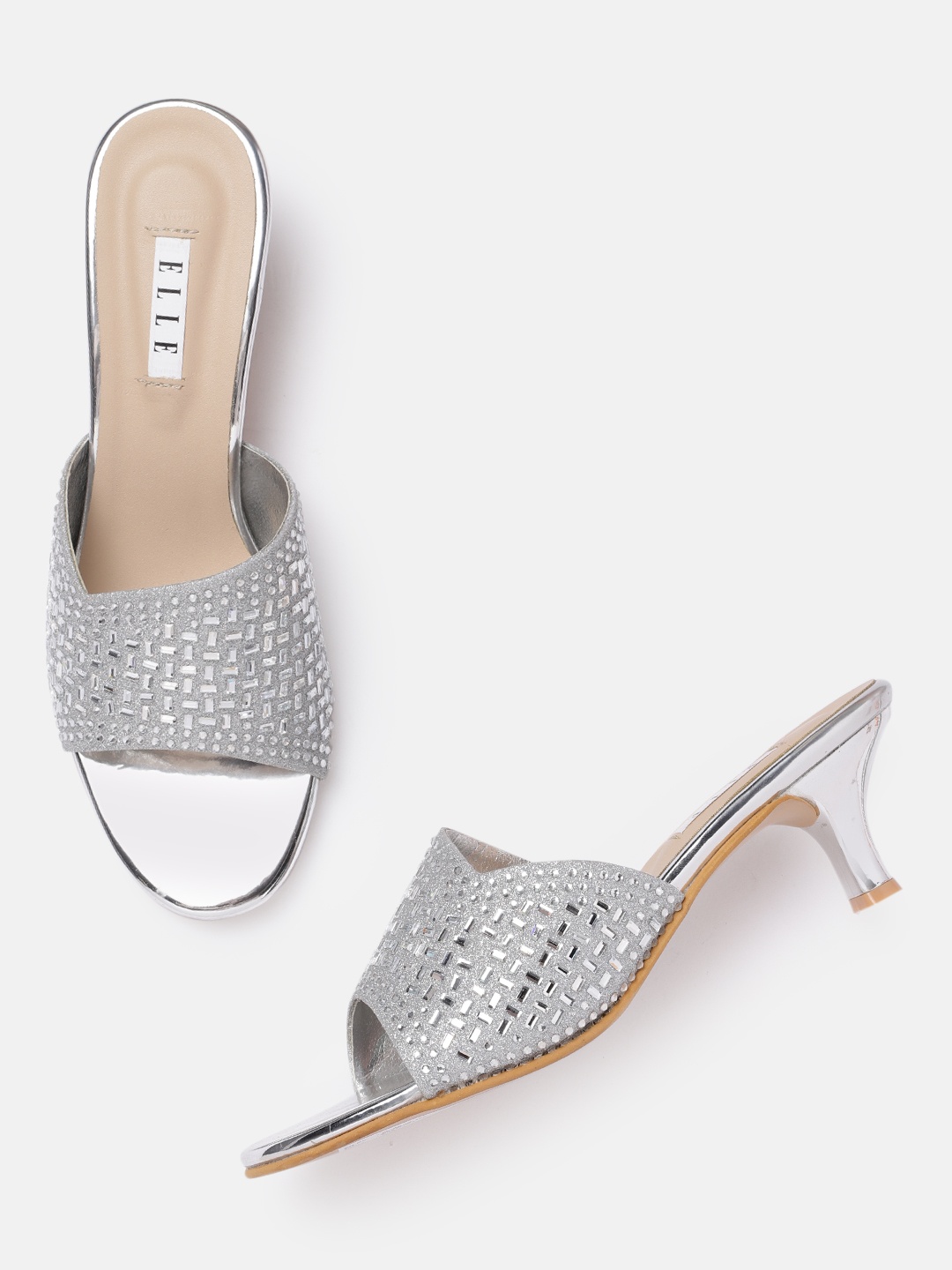 

ELLE Women Silver-Toned Embellished Kitten Heels