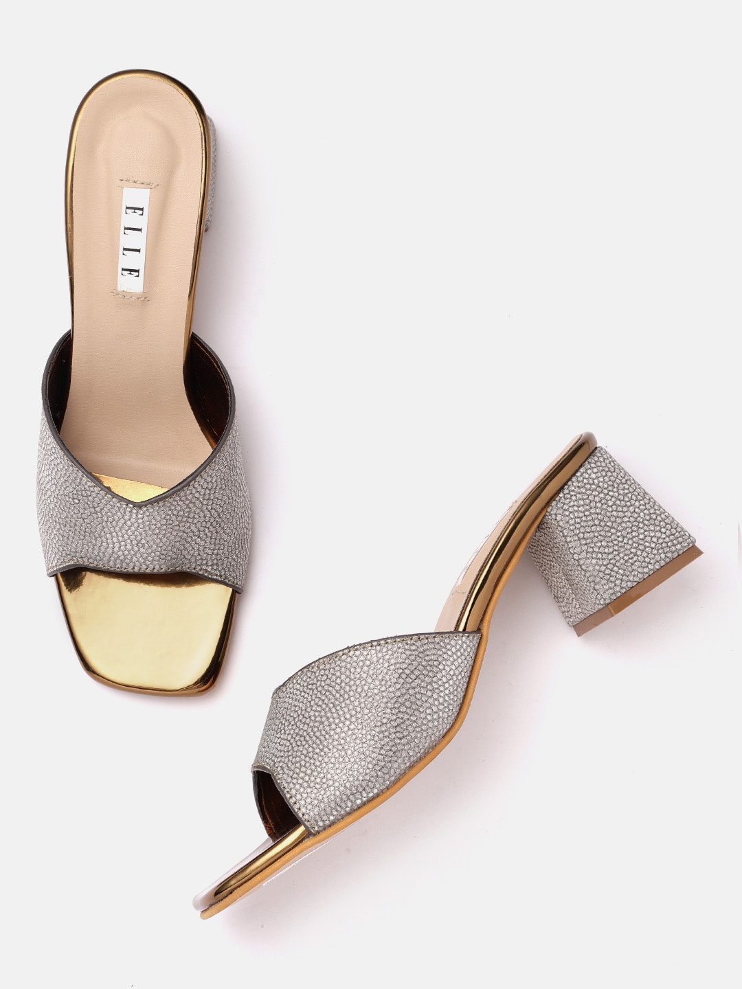 

ELLE Women Silver-Toned Textured Block Sandals