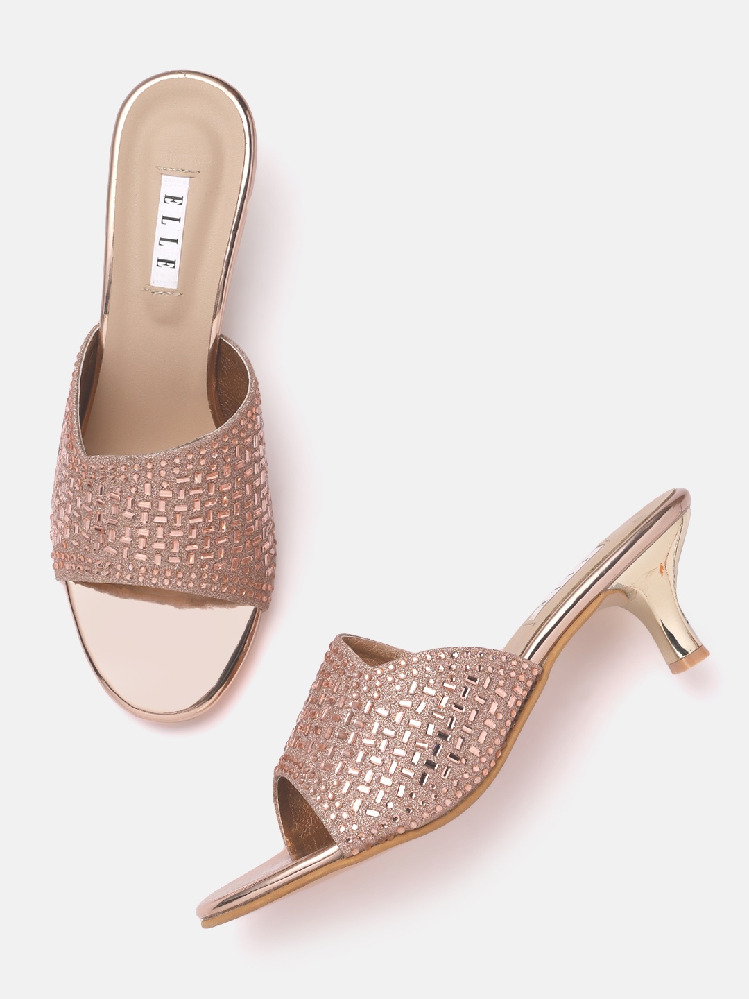 

ELLE Women Rose Gold-Toned Embellished Kitten Heels