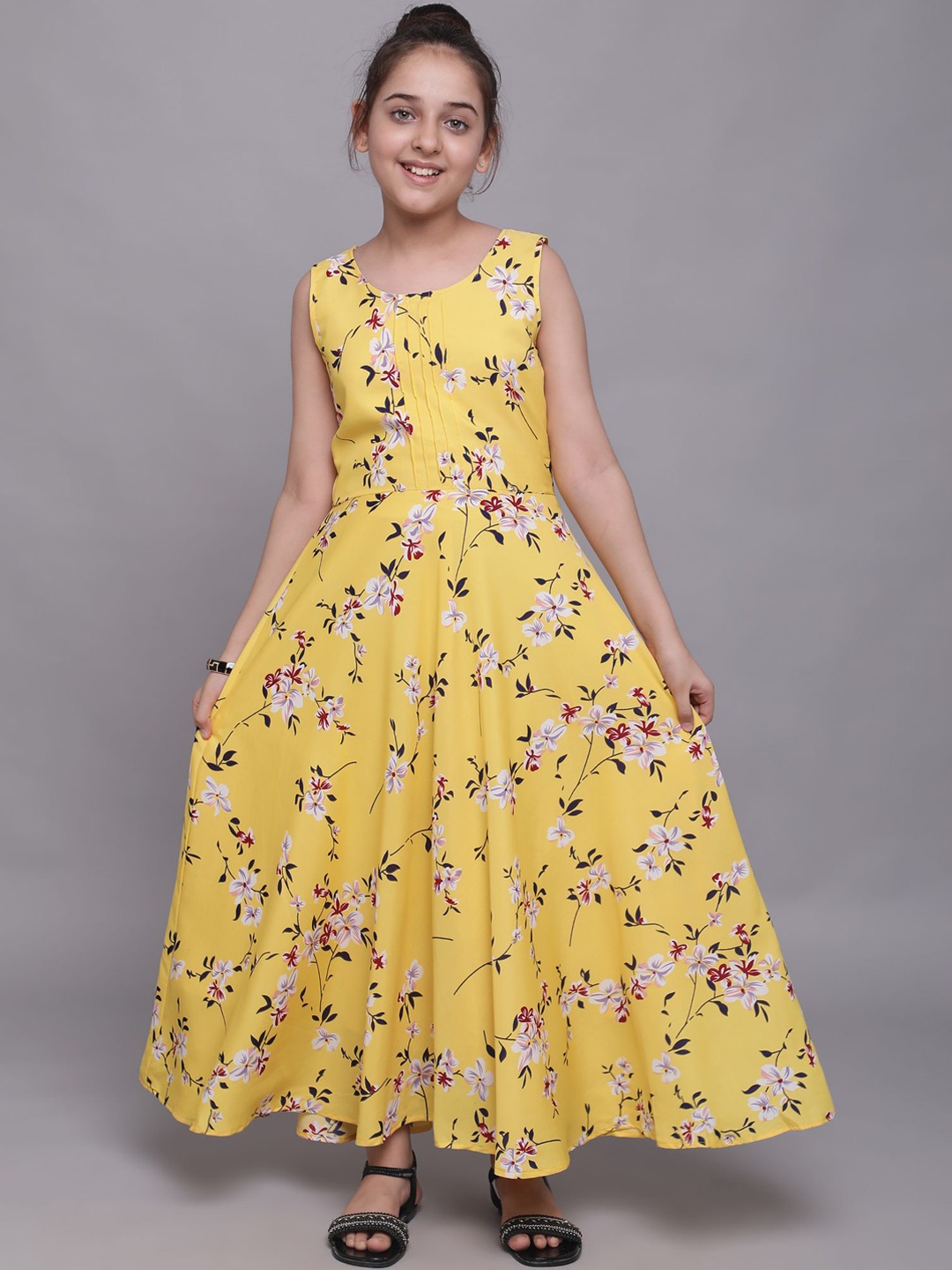 

White World Yellow Floral Crepe Ethnic Maxi Dress