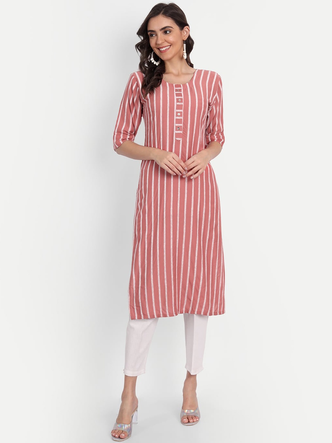 

Fentacia Women Pink Striped Flared Sleeves Thread Work Kurta
