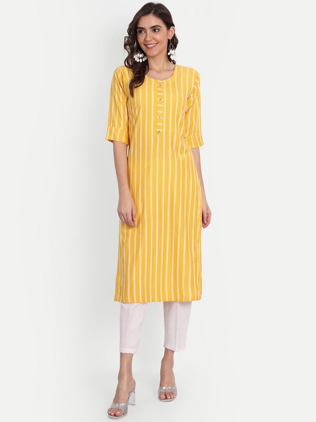 

Fentacia Women Yellow Striped Flared Sleeves Thread Work Kurta