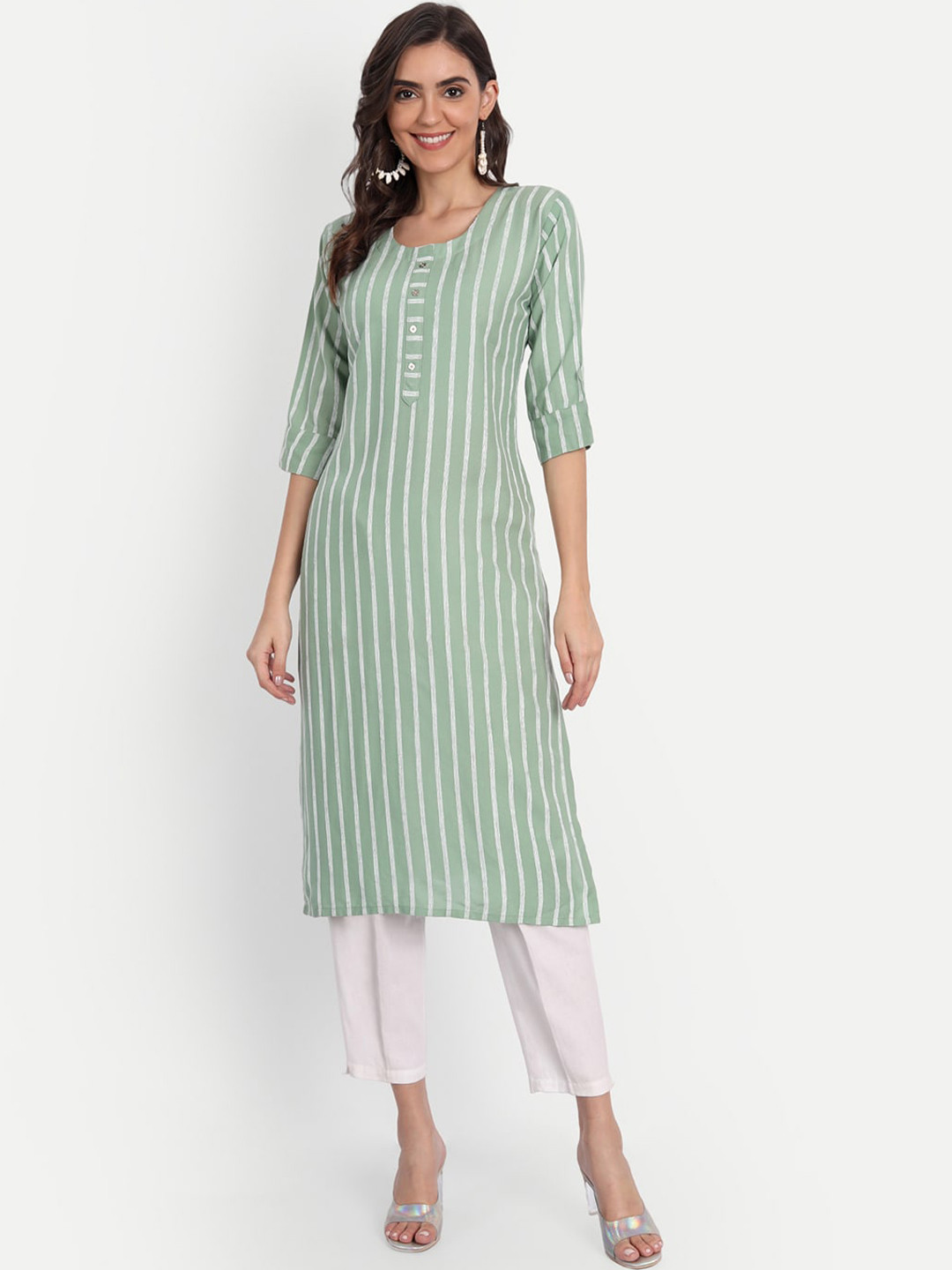 

Fentacia Women Green Striped Flared Sleeves Thread Work Kurta