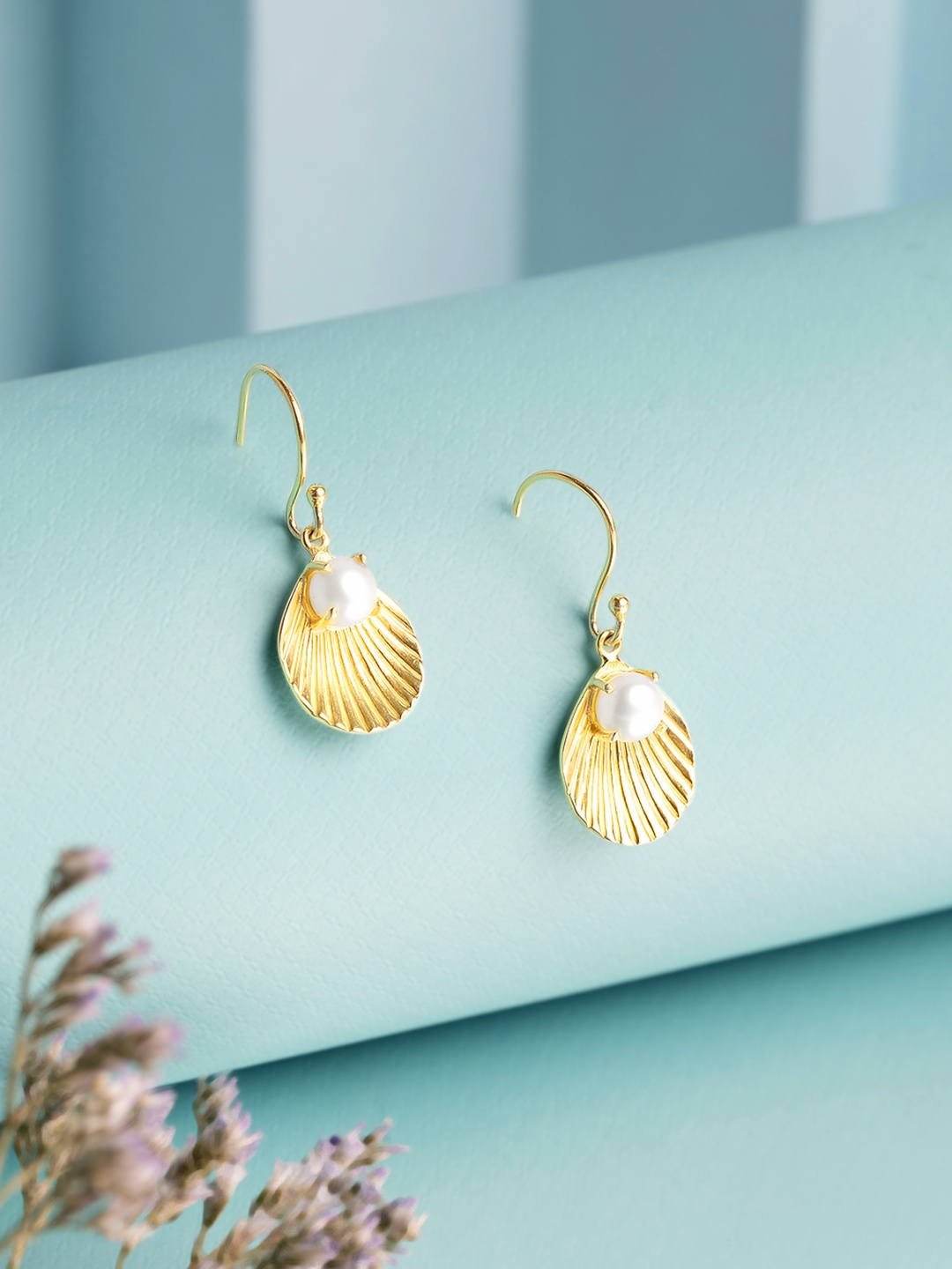

Rubans 925 Sterling Silver Gold-Plated Shells And Fresh Water Pearls Drop Earrings