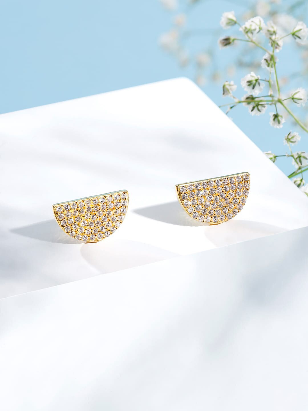 

Rubans 925 Sterling Silver Gold-Plated The Half Moon Zicronia Studded Stud Earrings