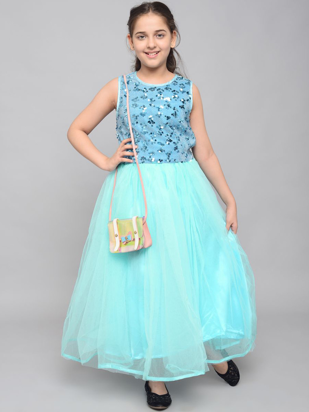 

White World Turquoise Blue Floral Net Ethnic Maxi Dress