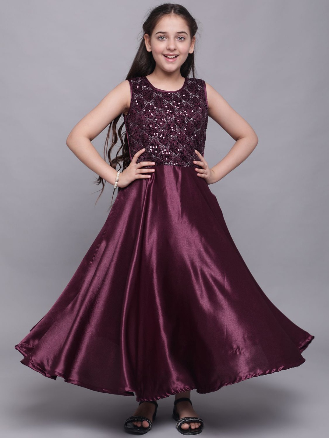 

White World Violet Embellished Satin Ethnic Maxi Dress