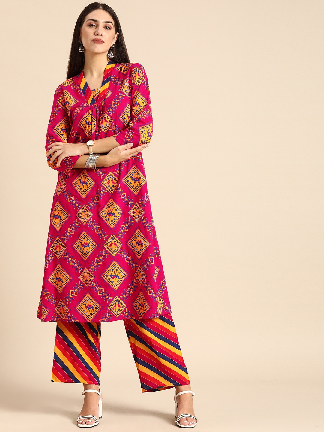 

Anouk Women Pink Printed Kurta with Trousers
