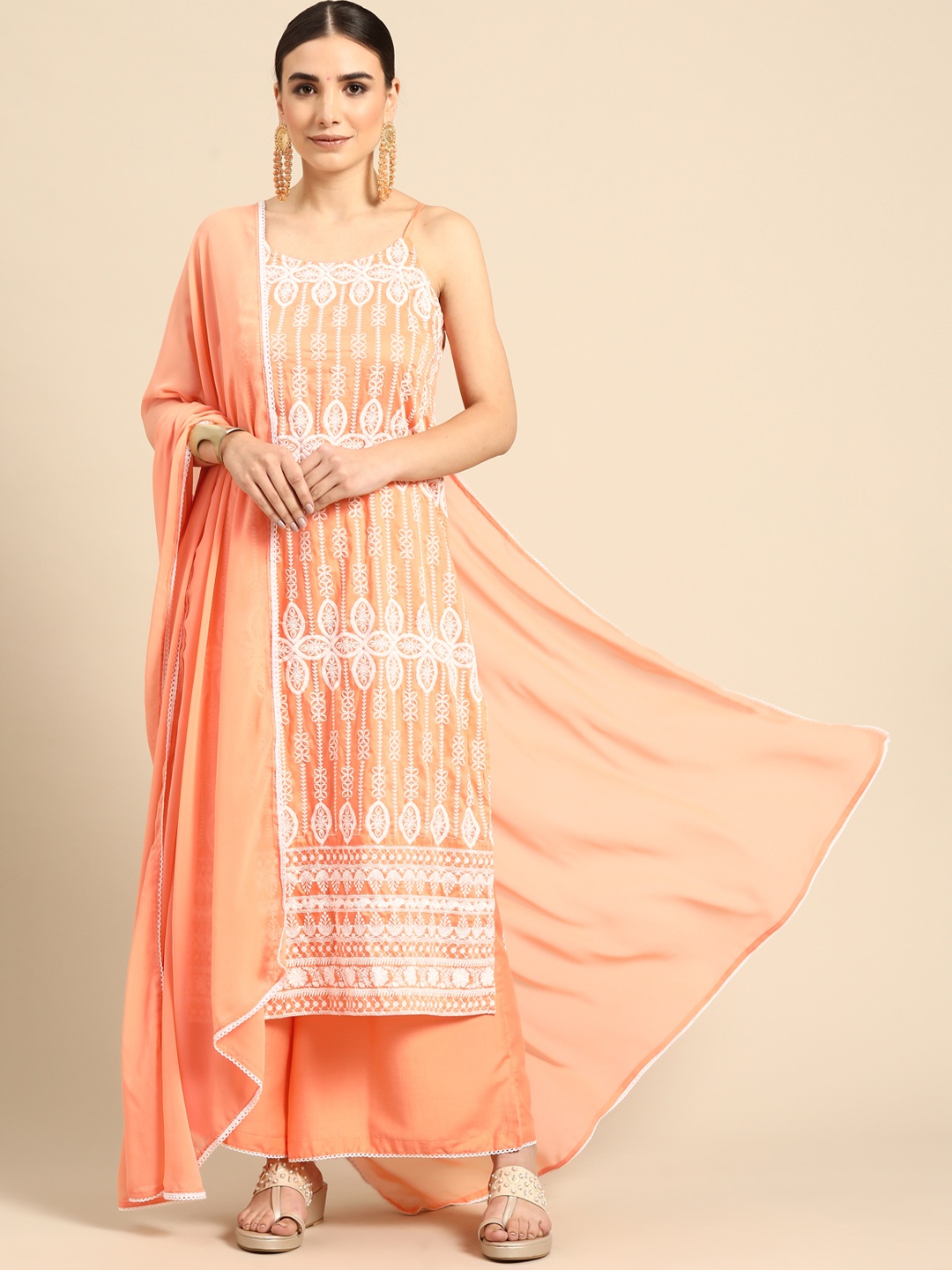 

Anouk Women Peach-Coloured Ethnic Motifs Embroidered Kurta with Palazzos & Dupatta