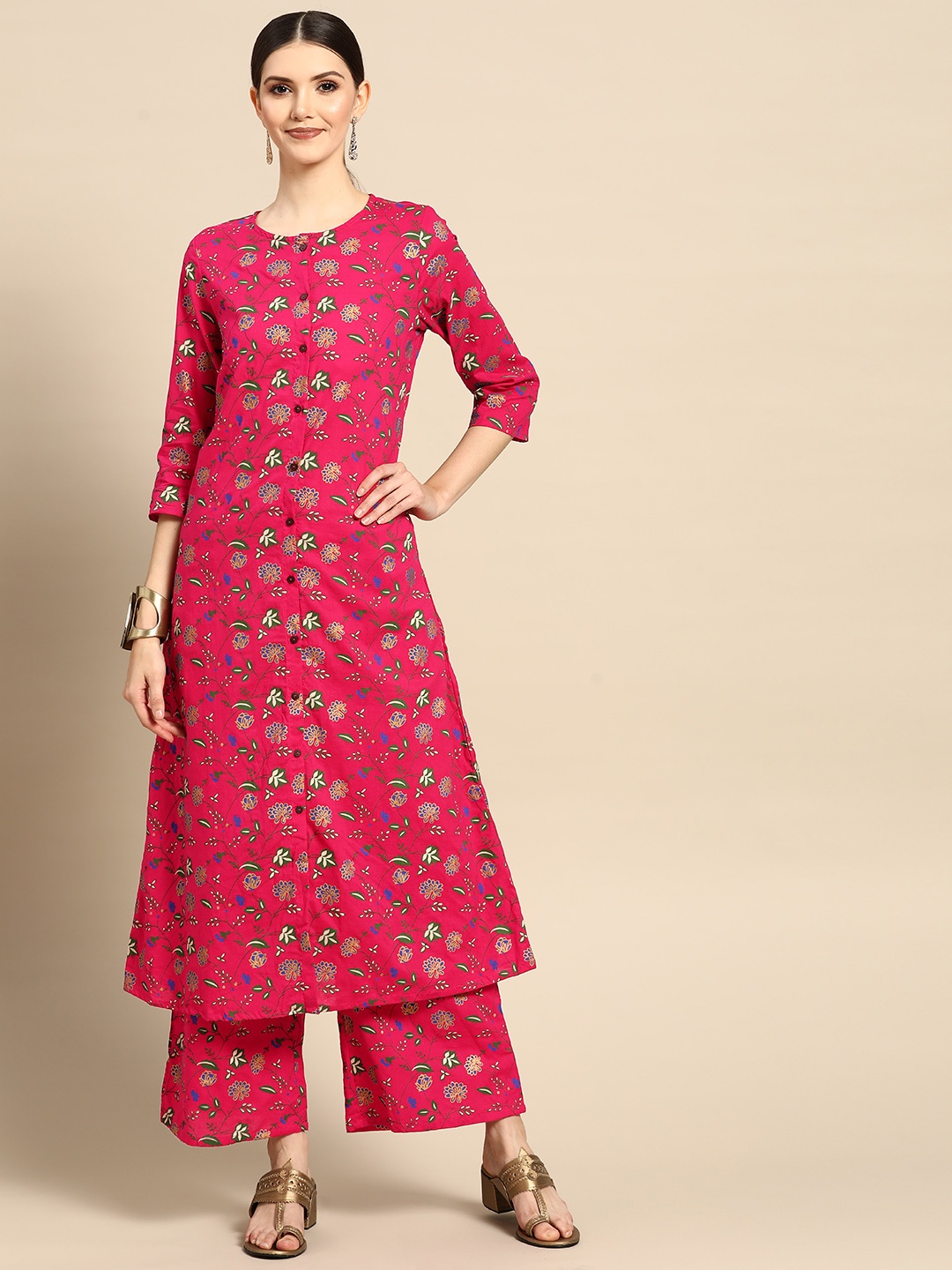 

Anouk Women Magenta & Green Floral Printed Pure Cotton Kurta with Palazzos