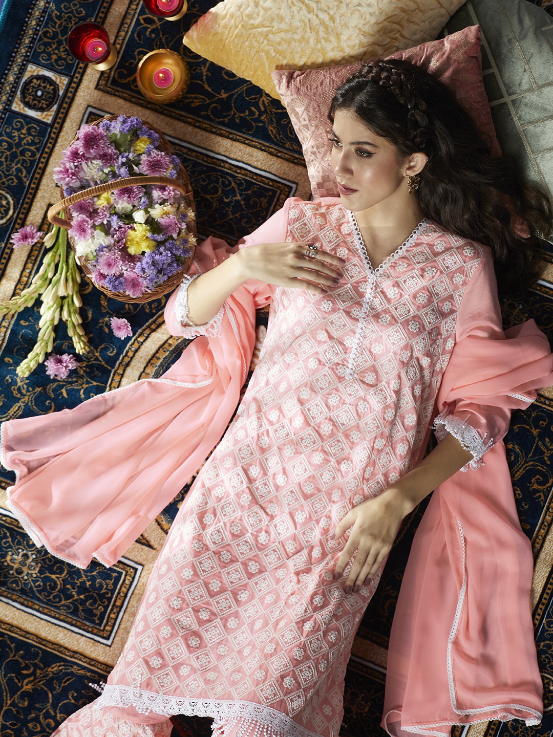 

Anouk Women Pink Ethnic Motifs Embroidered Fringe Detail Kurta with Palazzos & Dupatta