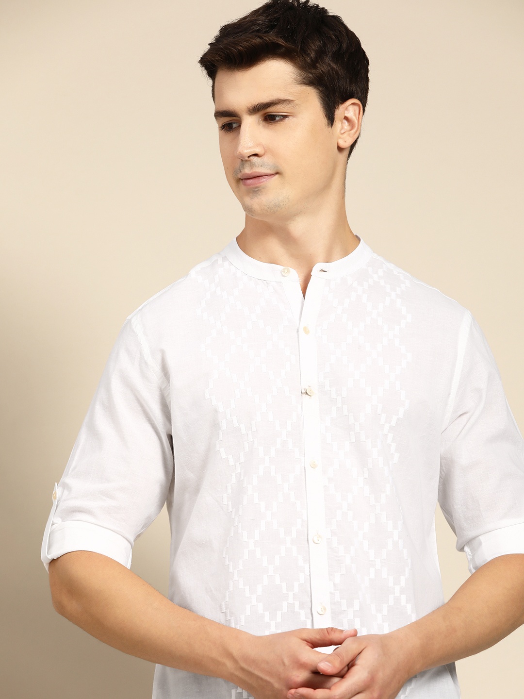 

Anouk Men White Self Design Pure Cotton Casual Shirt
