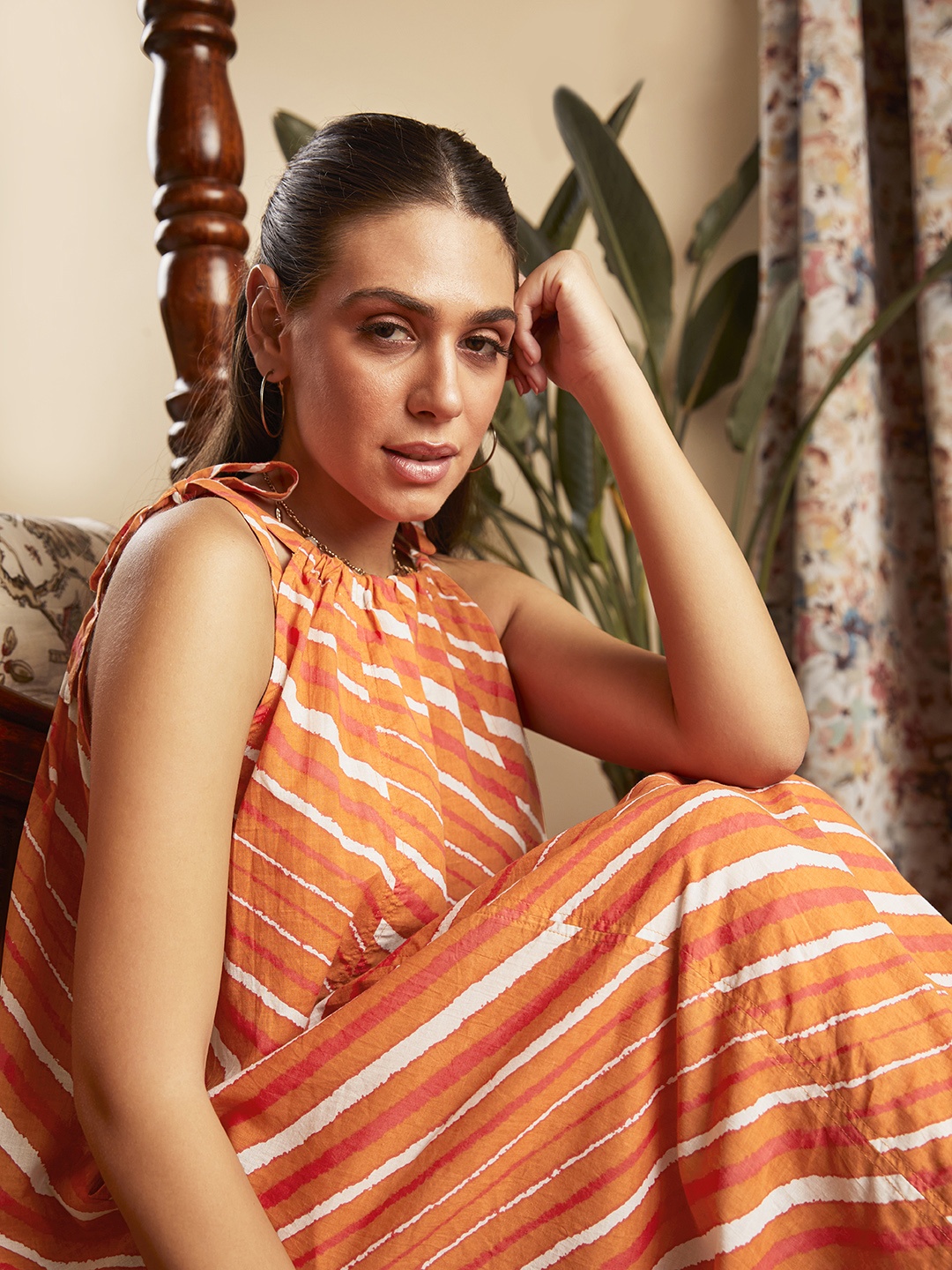 

Anouk Women Orange Striped Pure Cotton Kurta with Trousers