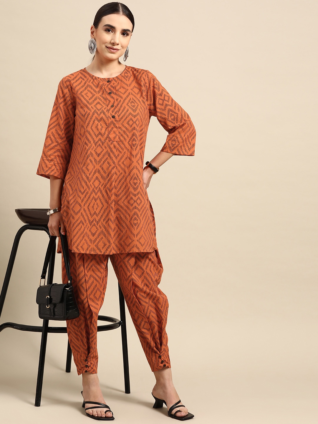 

Anouk Women Rust Orange & Black Geometric Printed Pure Cotton Kurti with Dhoti Pants