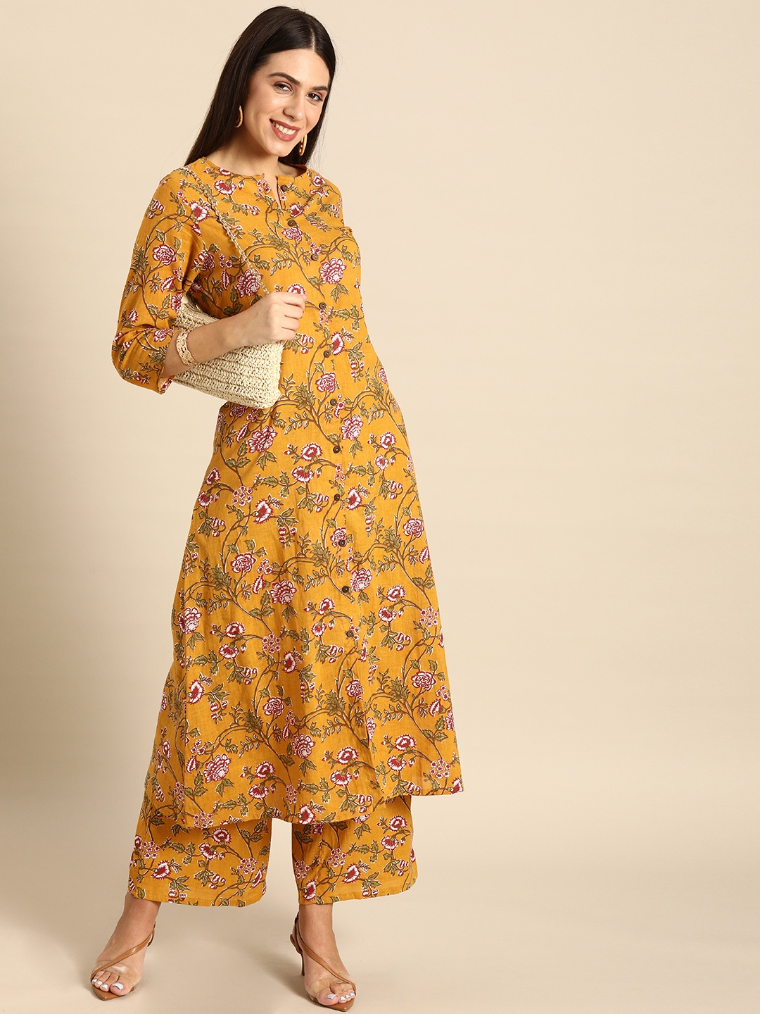 

Anouk Women Mustard Yellow Floral Printed Pure Cotton Kurta with Palazzos