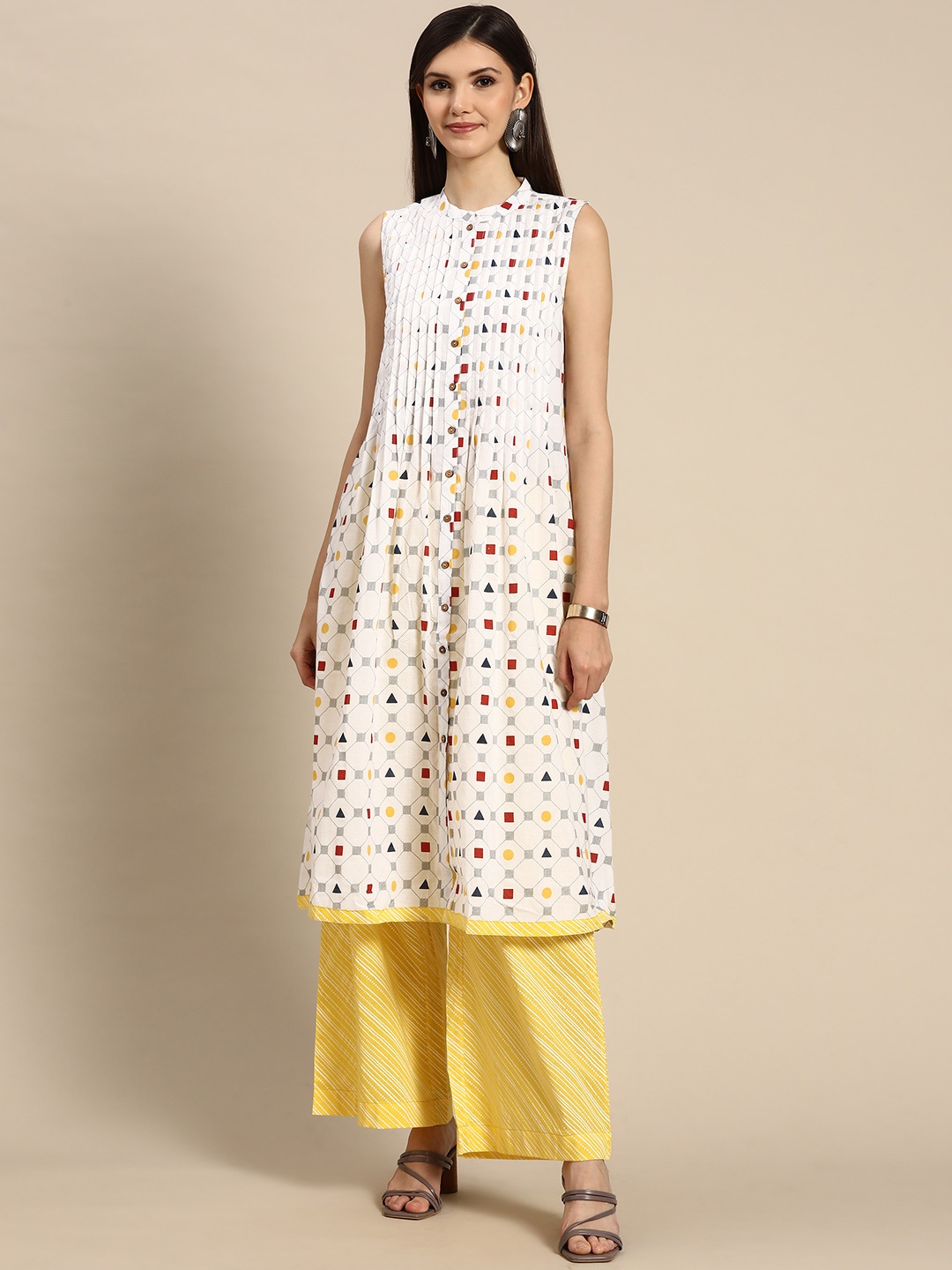 

Anouk Women White Geometric Printed Pleated Kurta with Palazzos