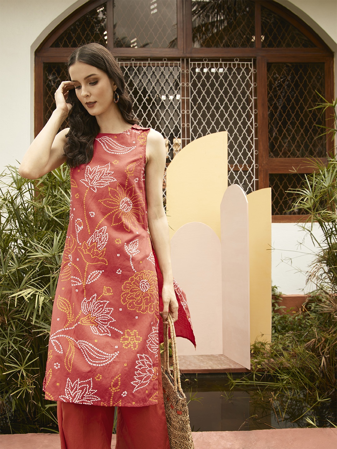 

Anouk Women Rust Red & White Bandhani Printed Pure Cotton Kurta with Palazzos