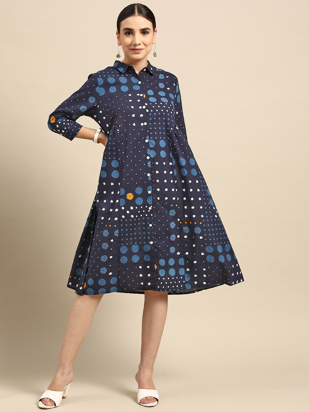 

Anouk Navy Blue & White Pure Cotton Geometric Printed Shirt Style Midi Dress