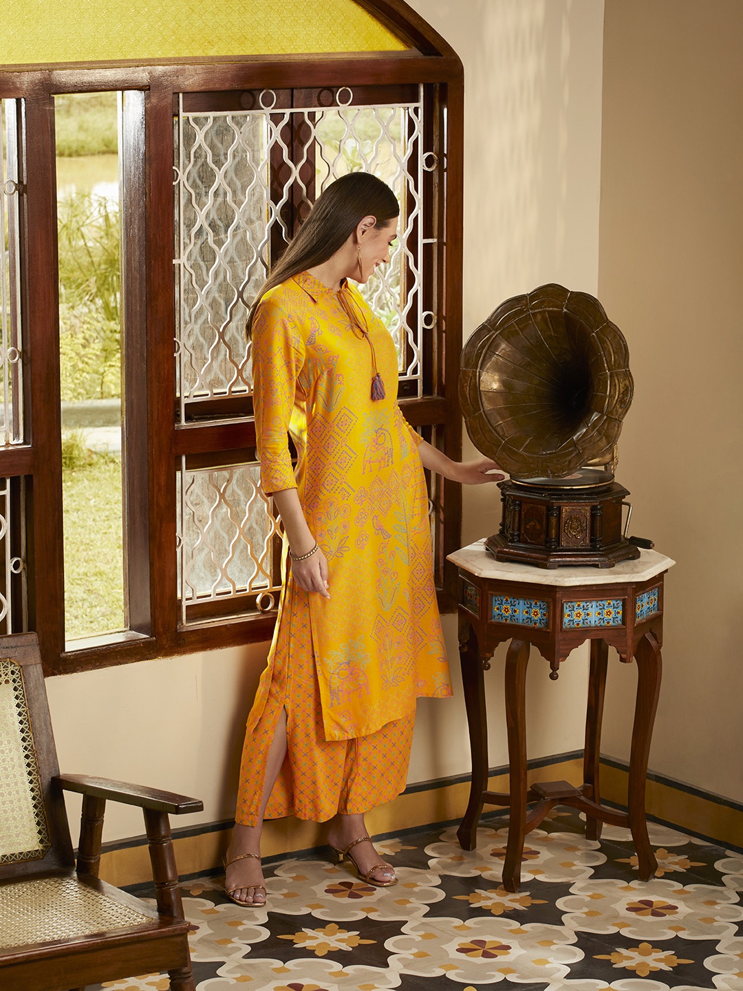 

Anouk Women Orange Bandhani Printed Kurta with Palazzos