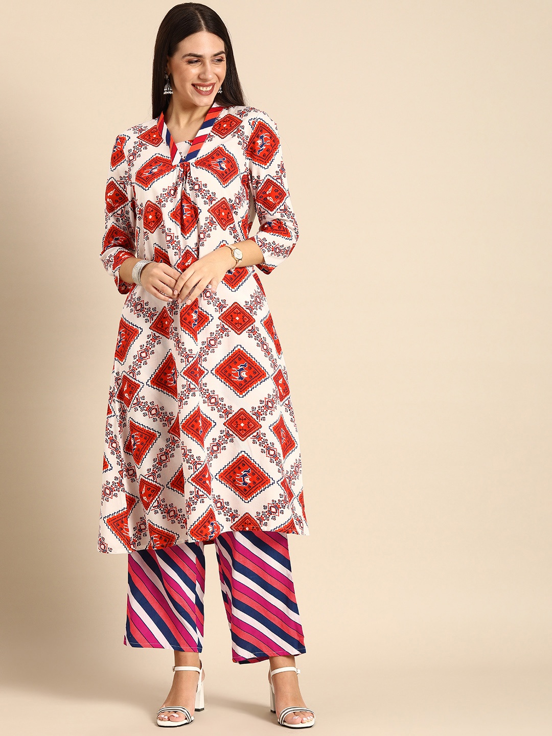 

Anouk Women Off-White & Red Printed Kurta with Trousers