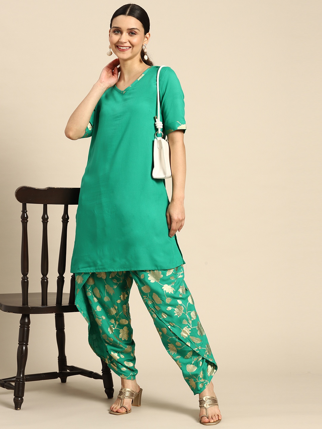 

Anouk Women Ethnic Motifs Printed Kurta with Dhoti Pants, Green