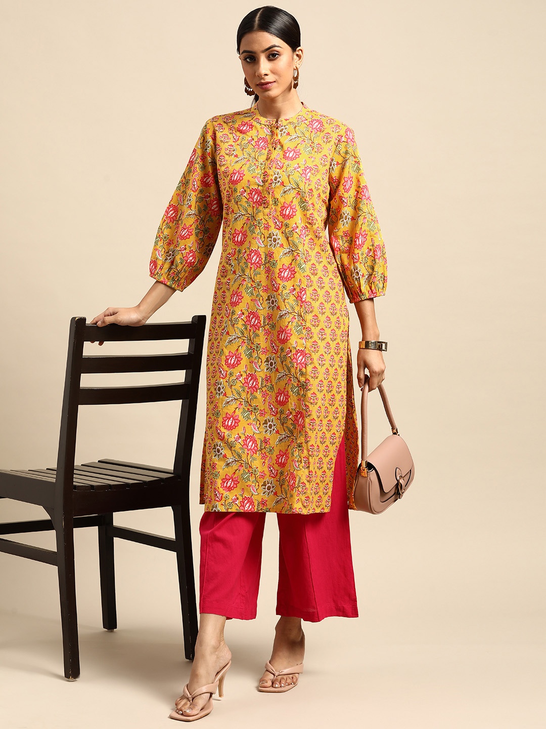

Anouk Women Mustard Yellow & Pink Ethnic Motifs Printed Kurta