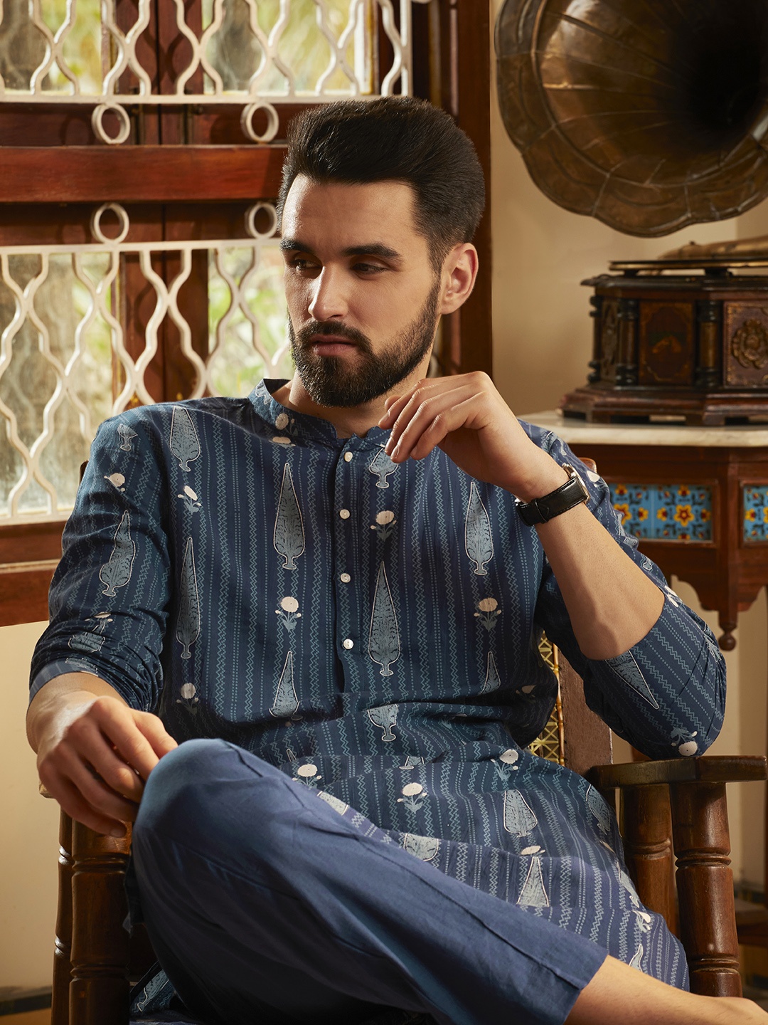 

Anouk Men Navy Blue Printed Pure Cotton Kurta with Trousers