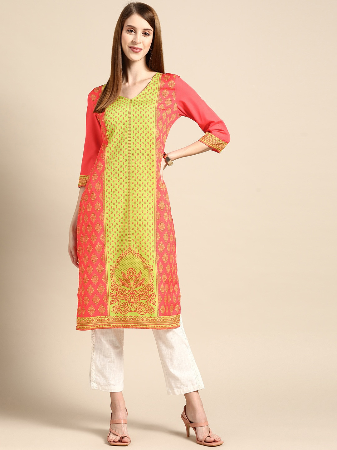 

Anouk Women Coral & Lime Green Ethnic Motifs Printed Kurta
