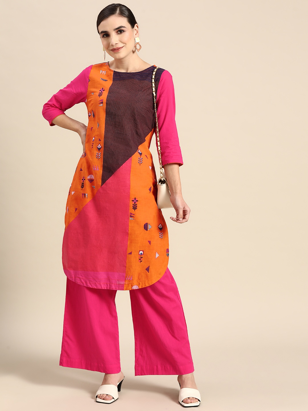 

Anouk Women Pink & Mustard Yellow Colourblocked Pure Cotton Kurta with Palazzos