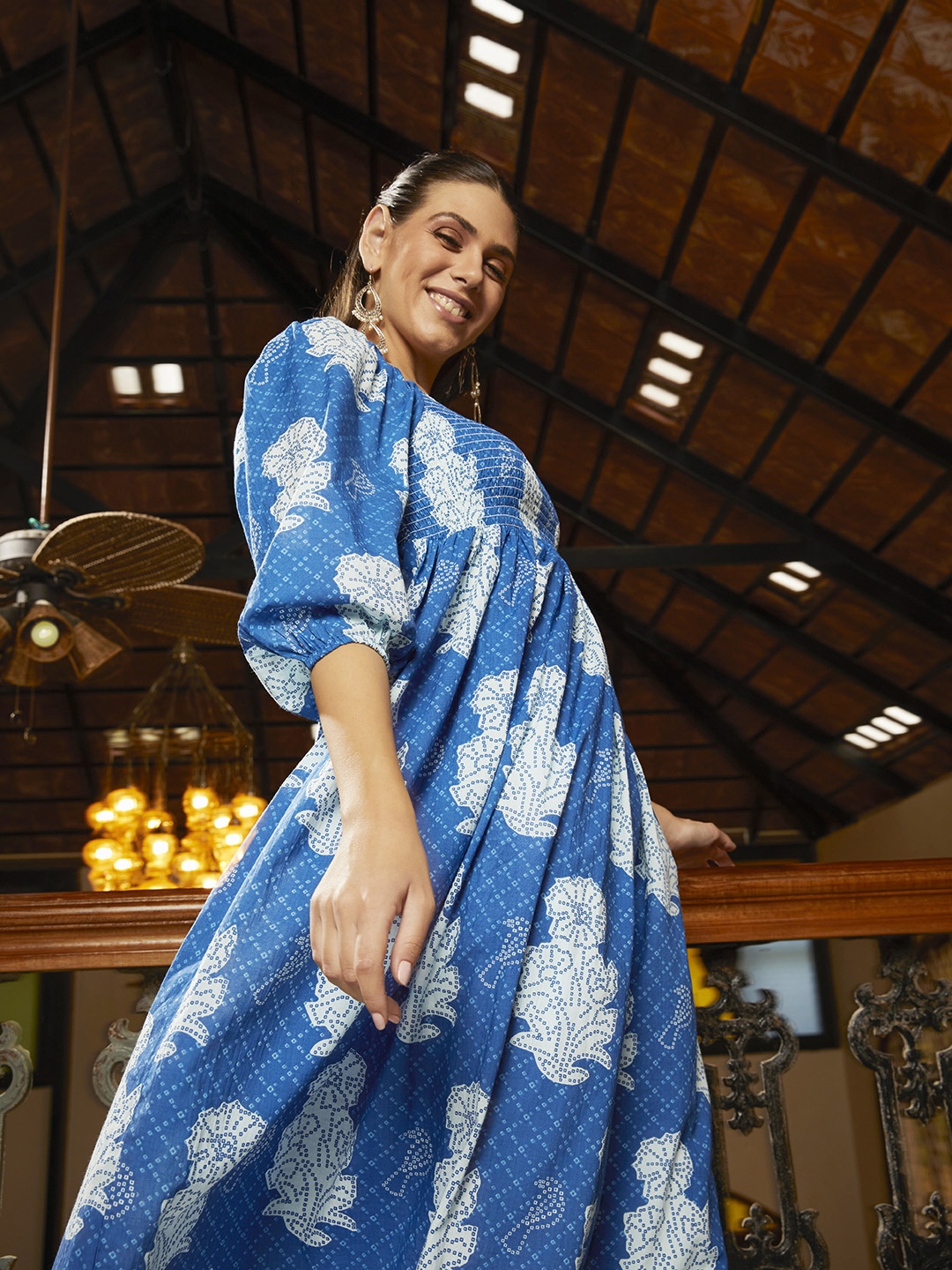 

Anouk Women White & Blue Bandhani Smocked Squared Neck Pure Cotton Printed Kurta