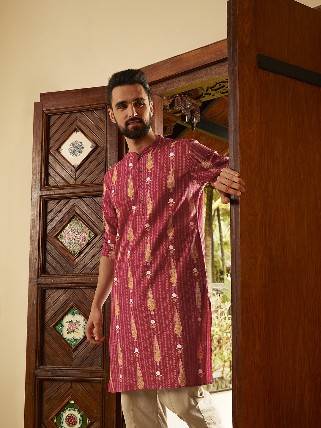 

Anouk Men Maroon & Brown Printed Pure Cotton Kurta with Trousers